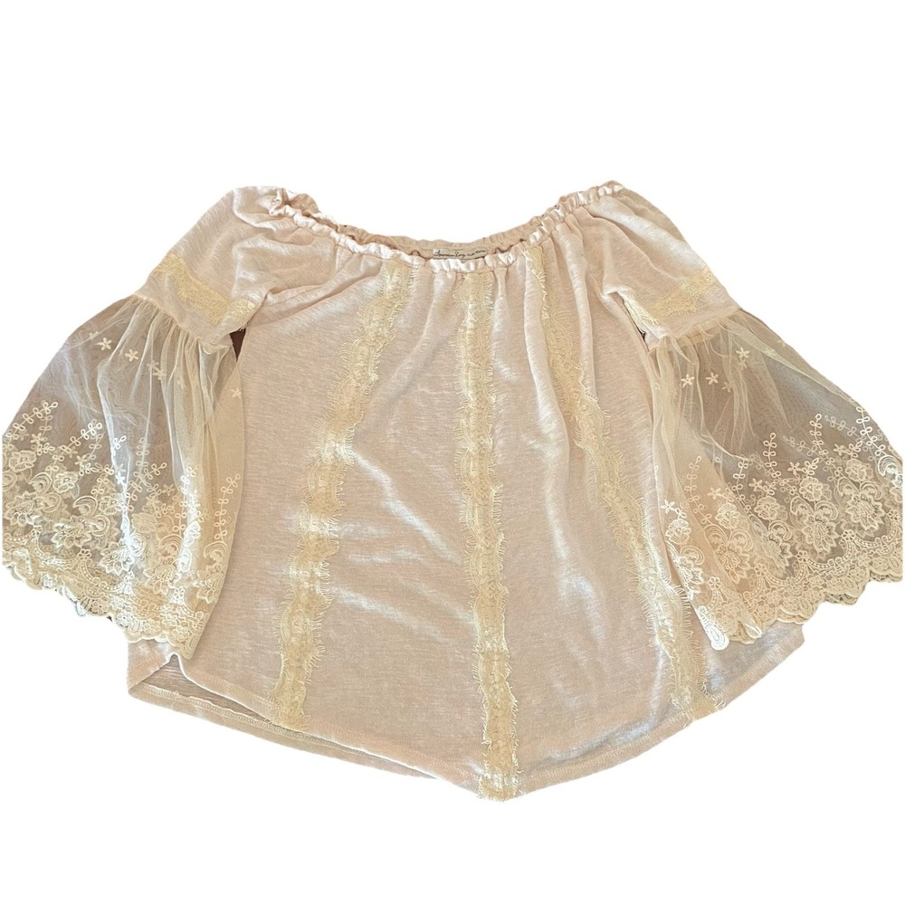 American Rag Boho Off-The-Shoulder Lace Bell Sleeve Oat Color Top Sz M Festival